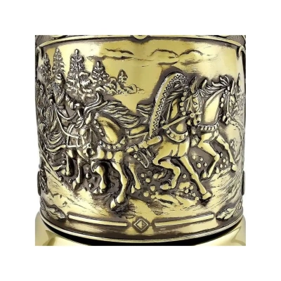 С9408/84 Подстаканник латунный, декор "Тройка. Триумфальная", стакан, ложка, в подарочной упаковке