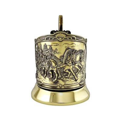 С9408/84 Подстаканник латунный, декор "Тройка. Триумфальная", стакан, ложка, в подарочной упаковке