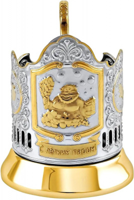 С18708/127 Подстаканник "Банный" никелированный с позолотой, стакан, ложка в подарочной упаковке