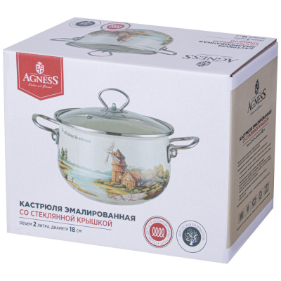 943-066 Кастрюля AGNESS "FAMILY HOUSE" 2,0л эмалированная со стеклянной крышкой